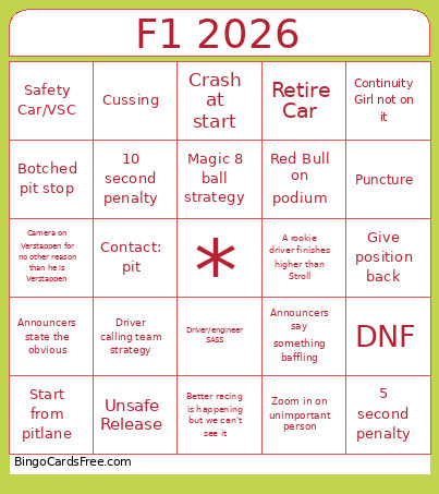F1 2026 Bingo Card