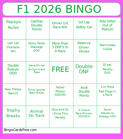 F1 2026 Bingo Card 5