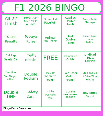 F1 2026 Bingo Card 4