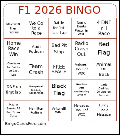 F1 2026 Nikki Bingo Card