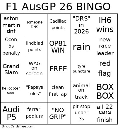 F1 Australian GP 2026 Bingo Card
