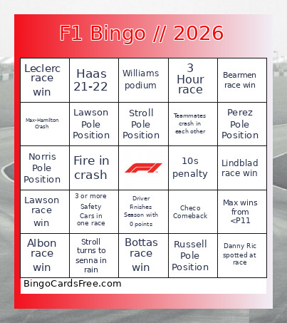 F1 // 2026 Bingo Card