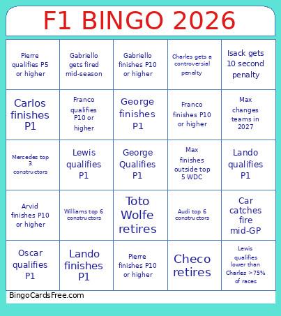 F1 2026 Bingo Card 3