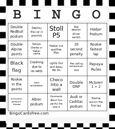 F1 Bingo Card