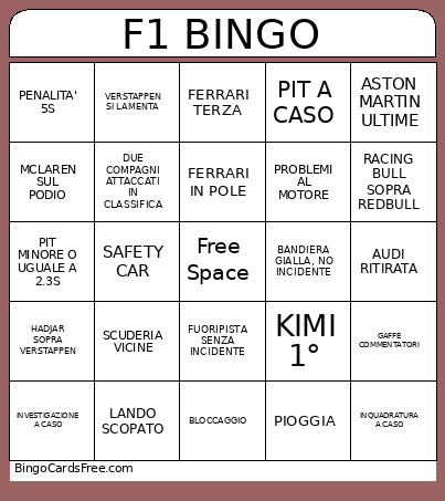 F1 Bingo Card