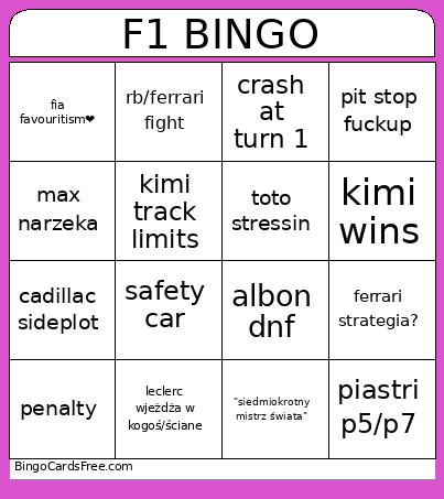 F1 Bingo Card