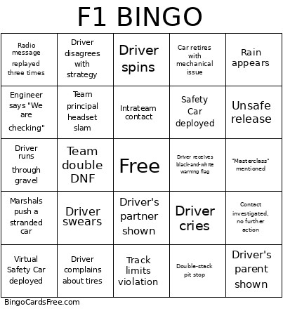 F1 (Monoco) - 2 Bingo Card
