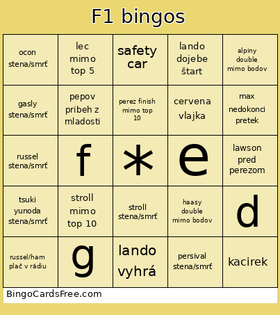 F1 S Bingo Card