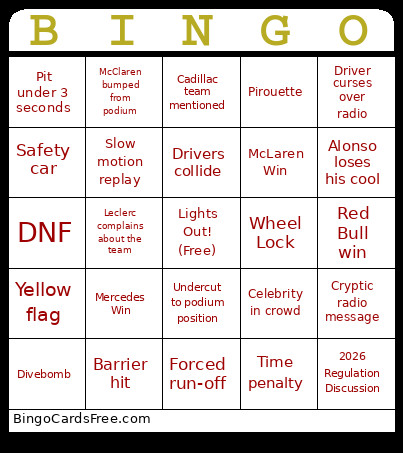 F1 Brunch Bingo Card