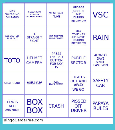 F1 RACE Bingo Card