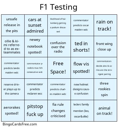 F1 Testing Bingo Cards Free Pdf Printable Game, Title: F1 Testing