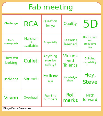 Fab Meeting Bingo Card