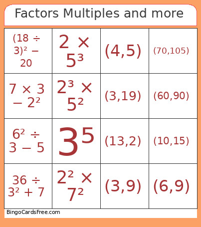 Factors Multiples And More Bingo Card