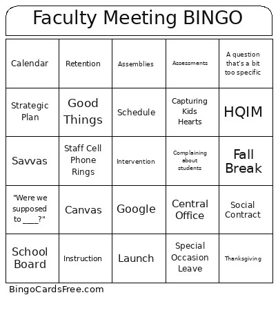 Faculty Meeting Bingo Card