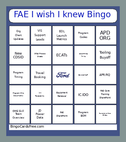 FAE I Wish I Knew Bingo Card