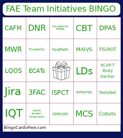 FAE Team Initiatives Bingo Card