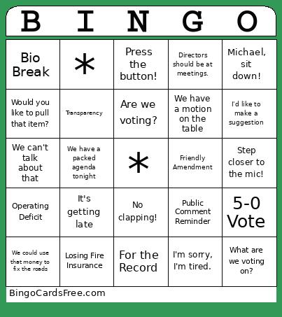 Fairfax Town Council Bingo Card