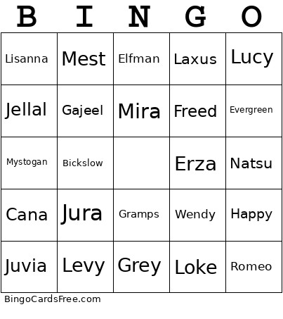 Fairytail Bingo Card