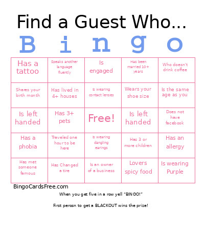 Faiths Bridal Shower Bingo Card