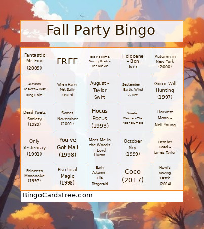 Fall Party Bingo Card
