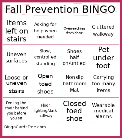 Fall Prevention, Bingo Card
