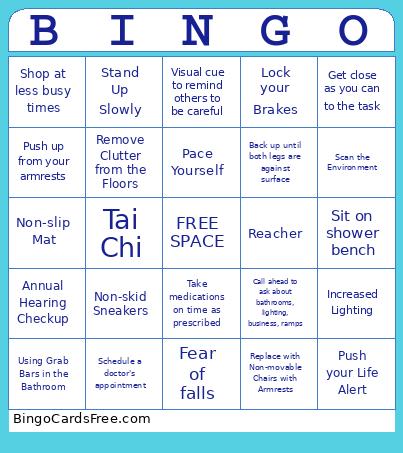 Fall Prevention Bingo Card
