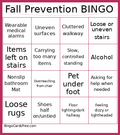 Fall Prevention Bingo Card