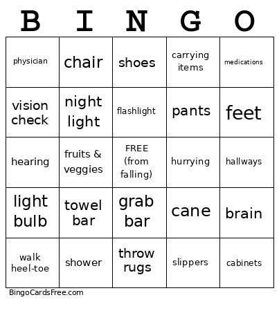 Fall Prevention Bingo Card