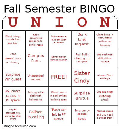 Fall Semester Bingo Card