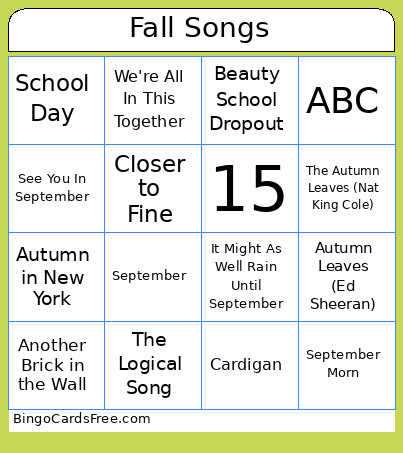 Fall Songs Bingo Card