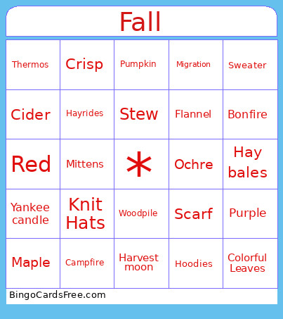 Fall Themed Bingo Card
