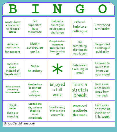 Fall Wellness Bingo Card