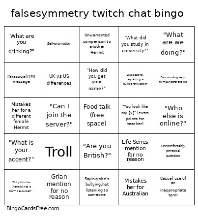 Falsesymmetry Twitch Chat Bingo Card
