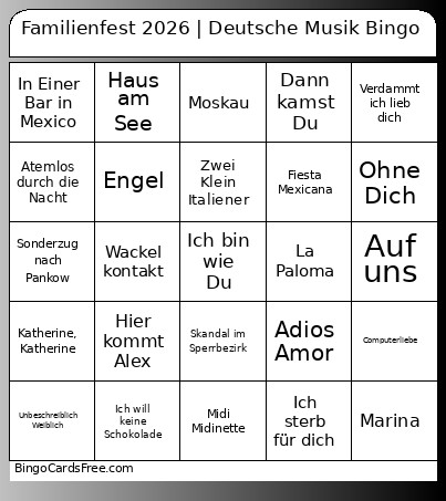 Familienfest 2026 | Deutsche Musik Bingo Card