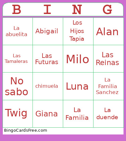 Family Bingo Card