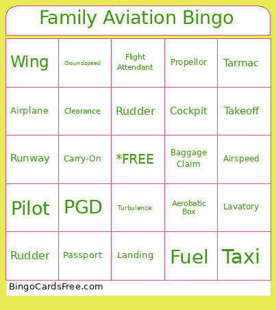 Family Aviation Bingo Card