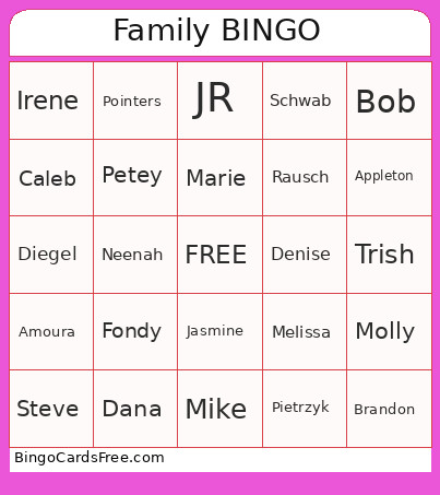 Family Bingo Card