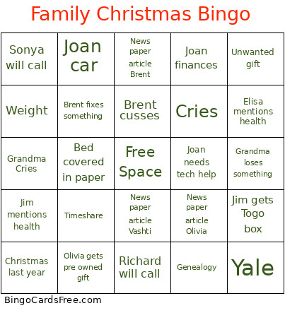 Family Christmas Bingo Card