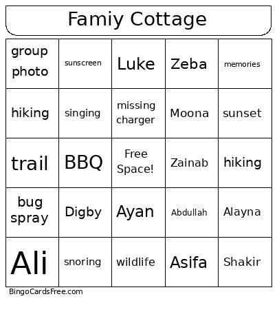 Family Cottage Bingo Card