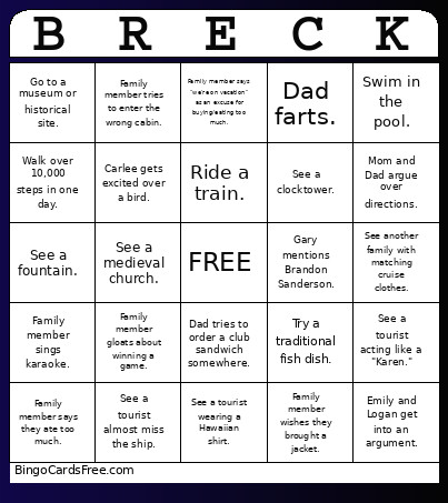 Family Cruise Bingo Card