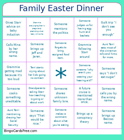 Family Easter Dinner Bingo Card