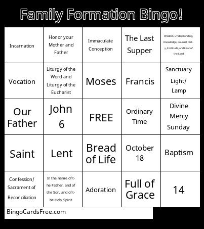 Family Formation End of Year Bash Bingo Cards Free Pdf Printable Game, Title: Family Formation Bingo!