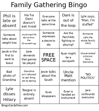Family Gathering Bingo Card