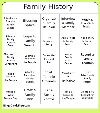 Family History Bingo Card