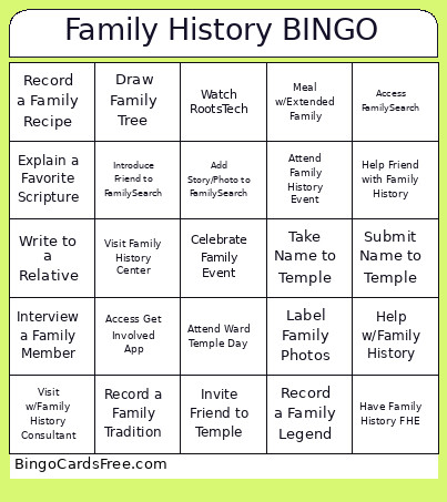 Family History Bingo Card