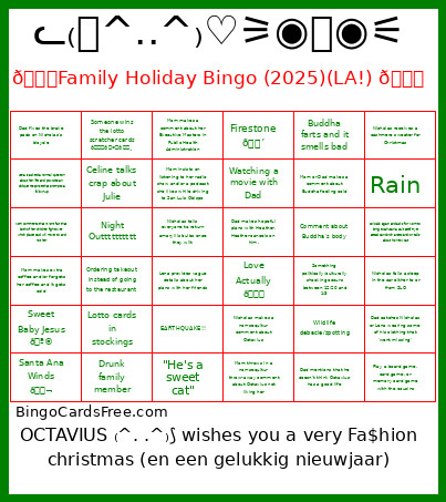 🎄Family Holiday (2025)(LA!) 🕎 Bingo Card