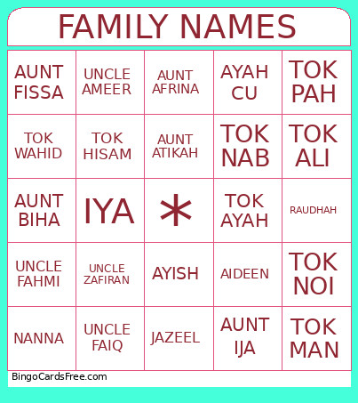 FAMILY NAMES Bingo Card