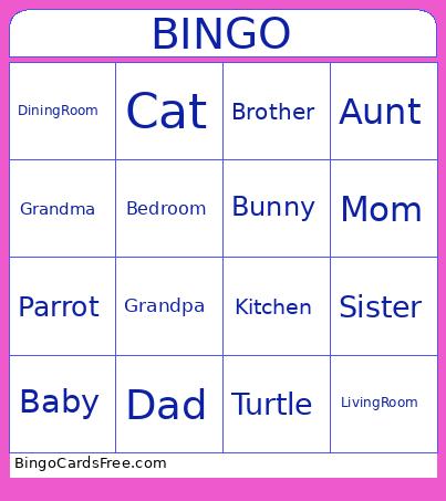 Family, Pets and House Bingo Cards Free Pdf Printable Game, Title: BINGO