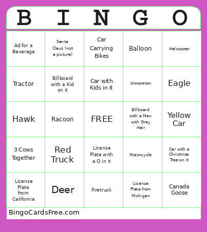 Family Road Trip Bingo Card