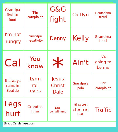 Family Sanity Bingo Card